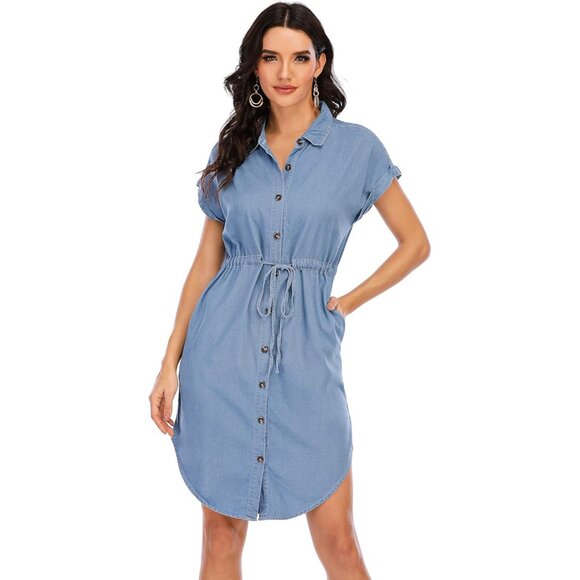 Dresses & Skirts - Women's Denim Cotton Shirt Dress Short Sleeves Knee Length Casual Fashion
